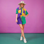 Women Mardi Gras Outfit Fashion Color Block Shirt and Shorts 2pcs Suit