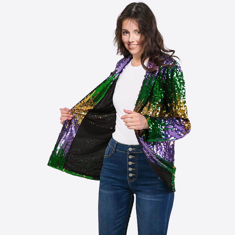 Mardigra Sequin Outfit Fat Tuesday Women Color Block Jacket Shiny Carnival Costume for Adult