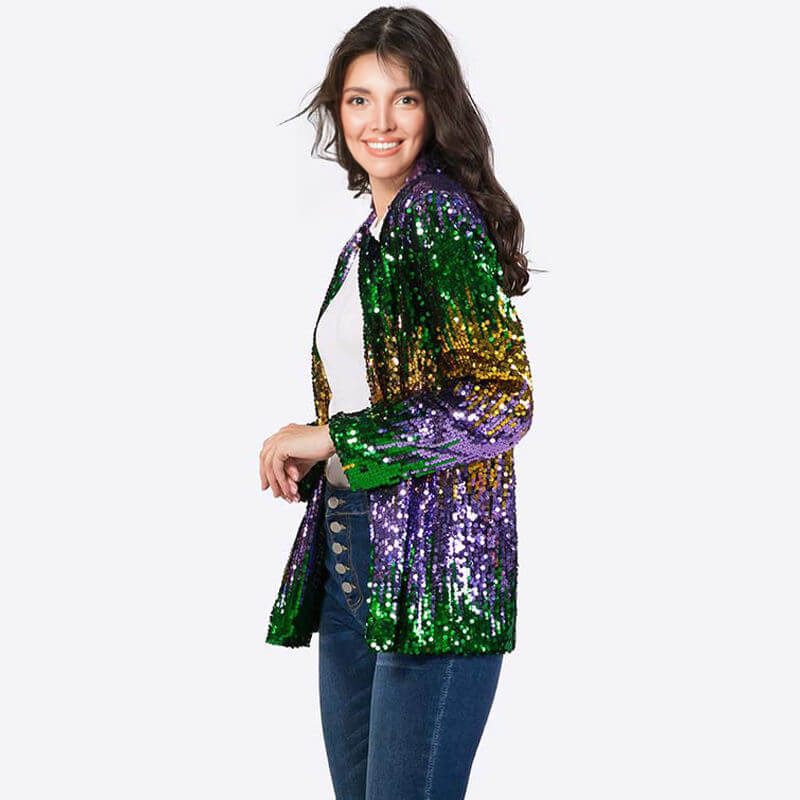 Mardigra Sequin Outfit Fat Tuesday Women Color Block Jacket Shiny Carnival Costume for Adult