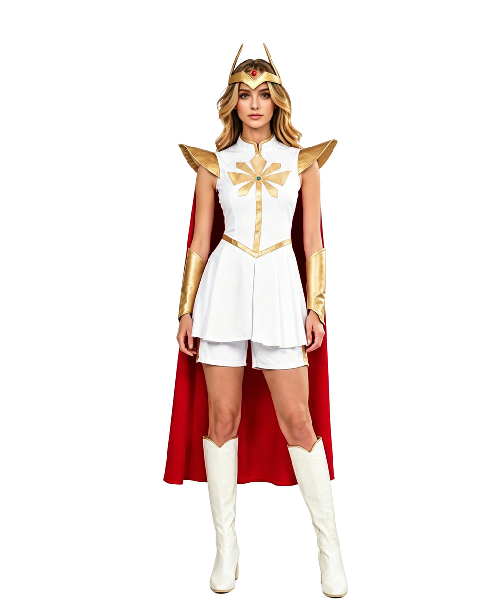 Girls Women Magical Princess of Power Costume White Goddess Warrior Dress Set with Cloak for Halloween Cosplay