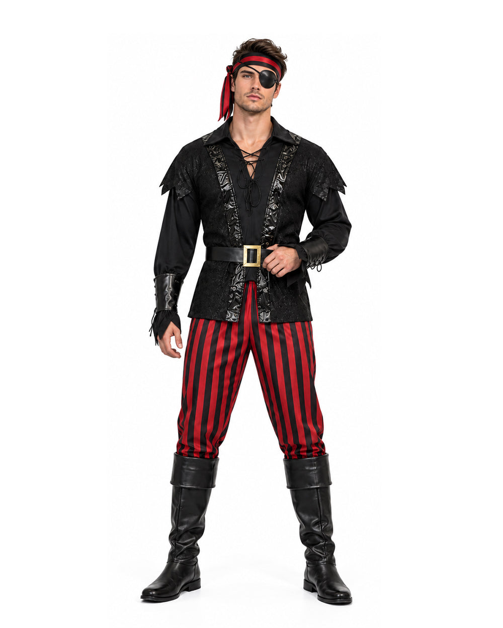 Men Pirate Costume Black Tops Pants Belt Pirate Eyepatch and Bandana 5pcs Set for Halloween