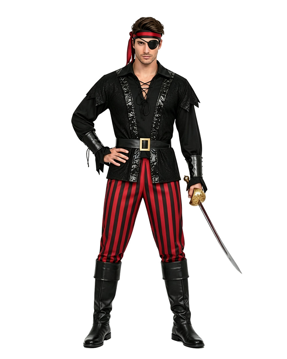 Men Pirate Costume Black Tops Pants Belt Pirate Eyepatch and Bandana 5pcs Set for Halloween