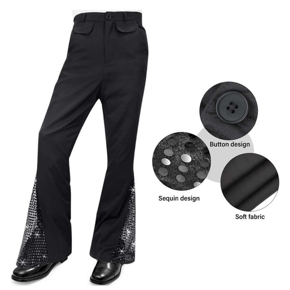Mens 70s Disco Outfit 80s Costume Disco Bell-Bottoms Shirt Wig Necklace Moustache Sunglasses Full Set
