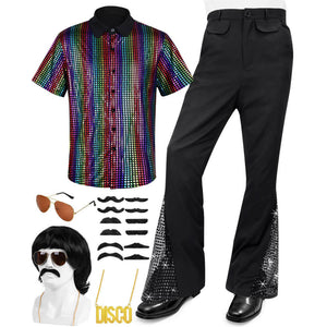 Mens 70s Disco Outfit 80s Costume Disco Bell-Bottoms Shirt Wig Necklace Moustache Sunglasses Full Set