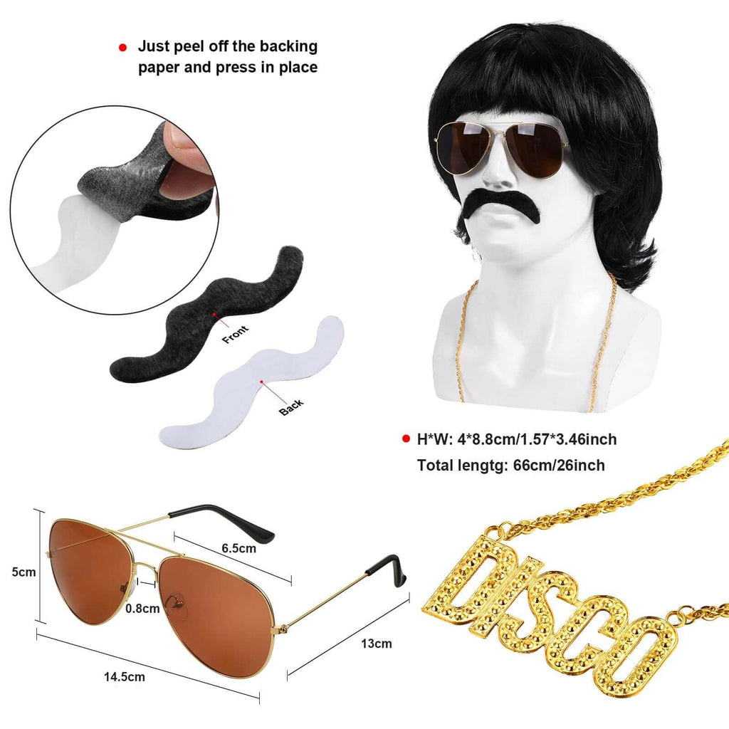 Mens 70s Disco Outfit 80s Costume Disco Bell-Bottoms Shirt Wig Necklace Moustache Sunglasses Full Set