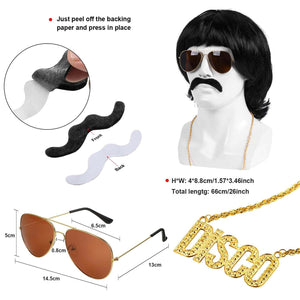 Mens 70s Disco Outfit 80s Costume Disco Bell-Bottoms Shirt Wig Necklace Moustache Sunglasses Full Set