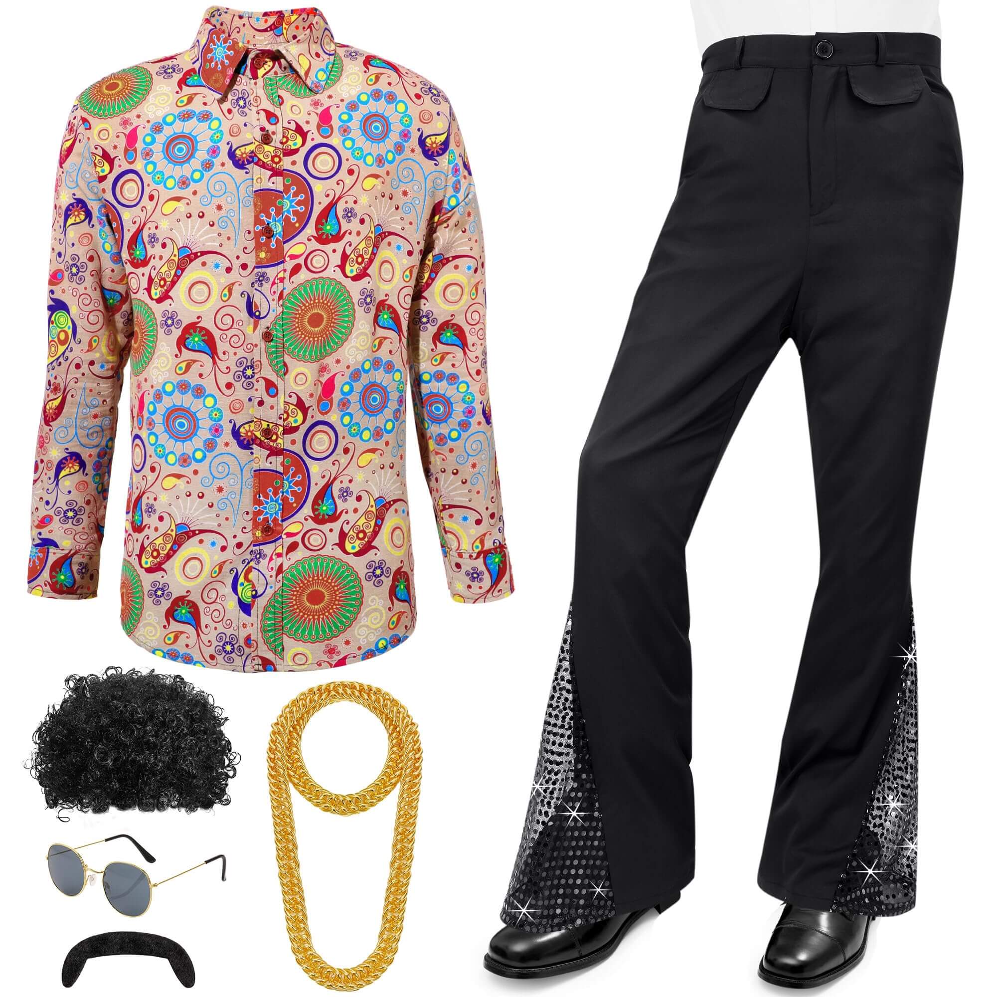 Mens Disco Outfit 70s Fashion Costume Bell-Bottoms Shirts Wig and Acce – Sun Baby Mens Disco Outfit 70s Fashion Costume Bell-Bottoms Shirts Wig and Acce – Sun Baby