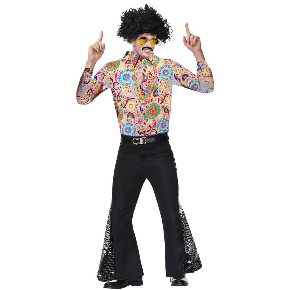 Mens Disco Outfit 70s Fashion Costume Bell-Bottoms Shirts Wig and Accessories Full Set for Disco Party