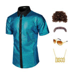 Guys Disco Outfit Short Sleeve Button Up Sequin Shirt and Accessroeries 70s Disco Costume