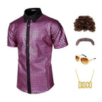 Guys Disco Outfit Short Sleeve Button Up Sequin Shirt and Accessroeries 70s Disco Costume