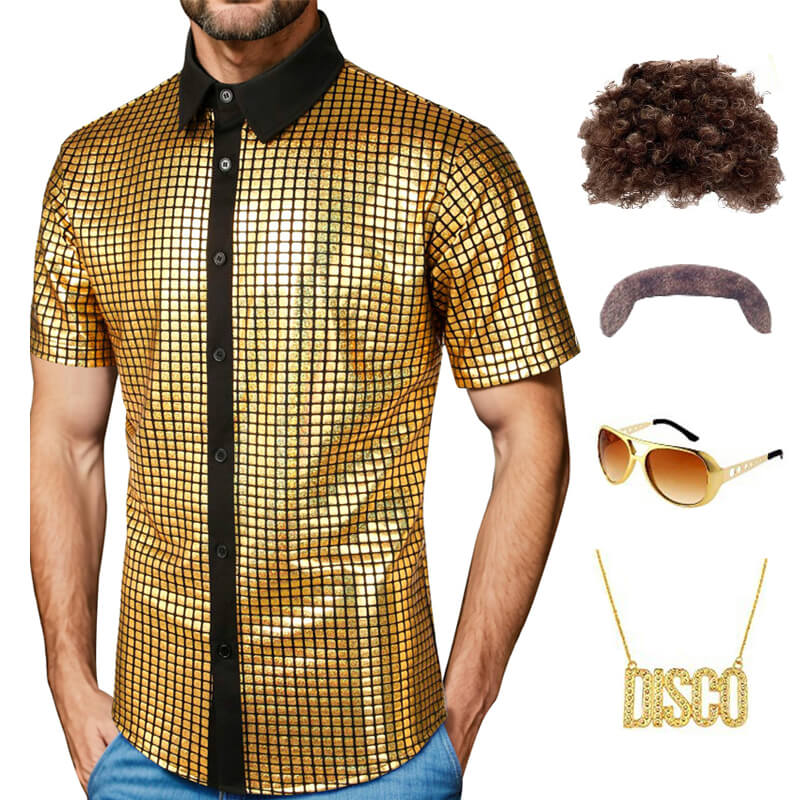 Guys Disco Outfit Short Sleeve Button Up Sequin Shirt and Accessroeries 70s Disco Costume