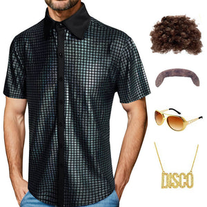 Guys Disco Outfit Short Sleeve Button Up Sequin Shirt and Accessroeries 70s Disco Costume