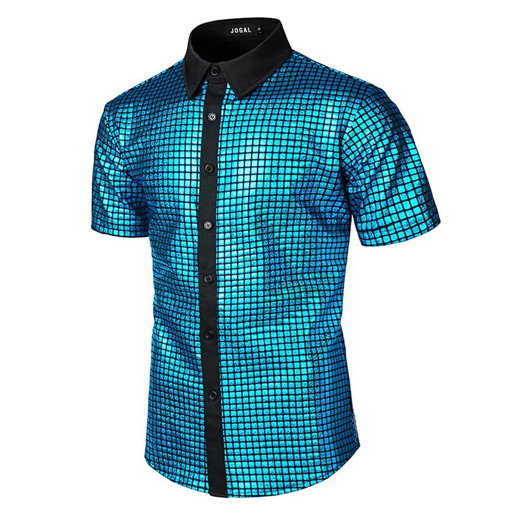 Guys Disco Outfit Short Sleeve Button Up Sequin Shirt and Accessroeries 70s Disco Costume