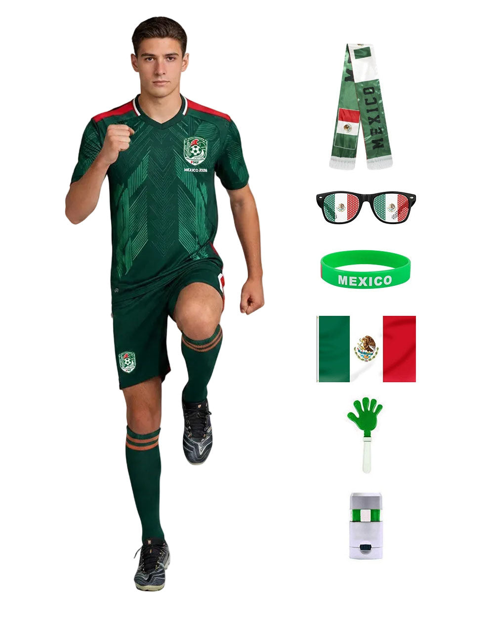 Mexico Soccer Jersey Shirts Shorts Socks and Sling Bag Soccer Fan Cheering Kit for Game Day Party Supplies