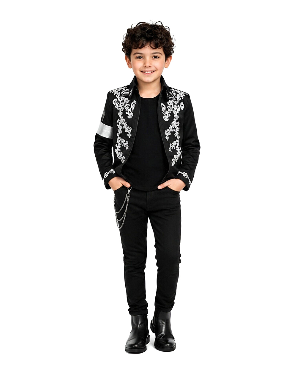 Pop Star Outfit Black Jacket Shirt and Pants 3pcs Suit for Kids Adults Halloween Cosplay Party