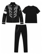 Pop Star Outfit Black Jacket Shirt and Pants 3pcs Suit for Kids Adults Halloween Cosplay Party