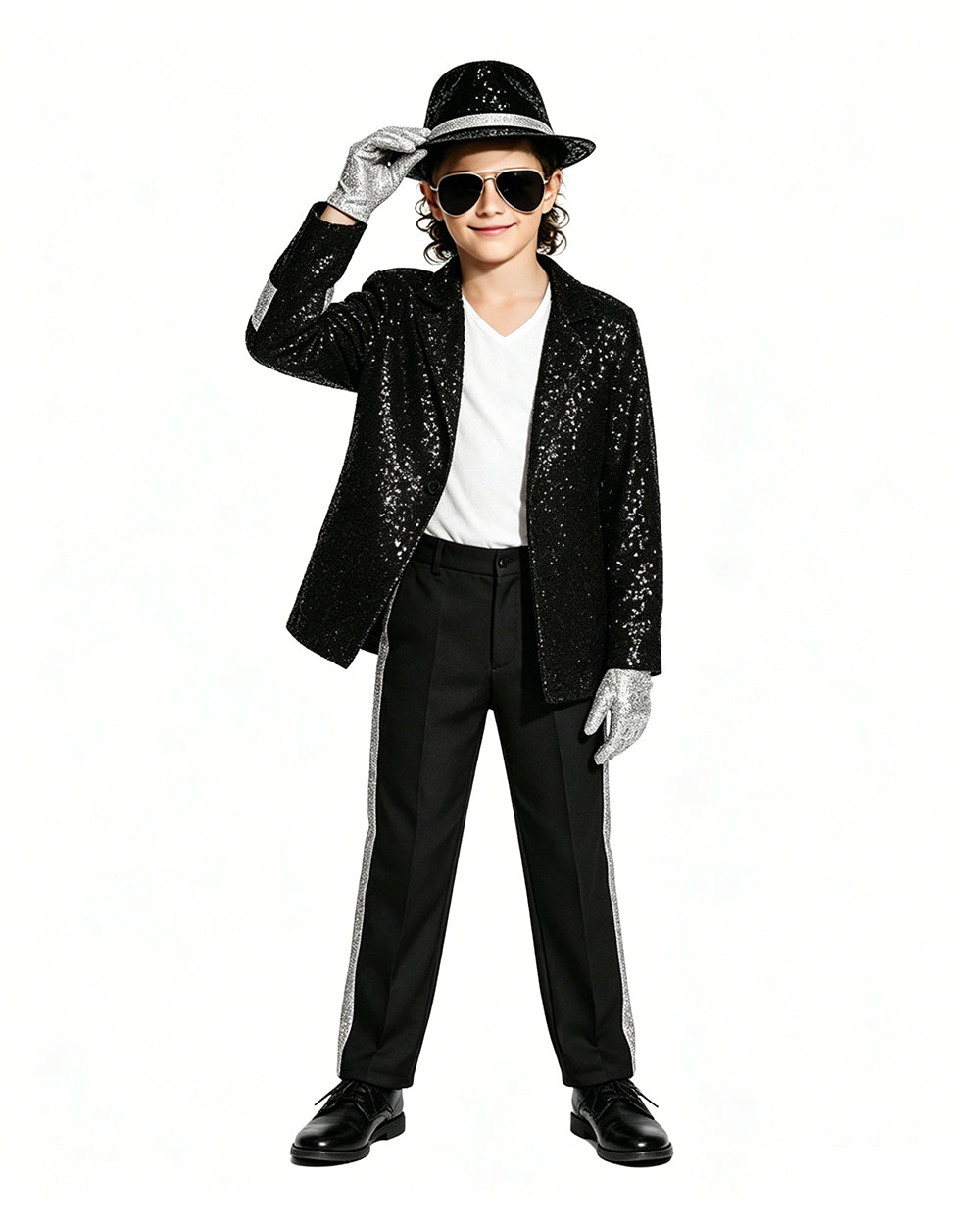 Retro 80s Costume Black Sequin Stage Outfit Music Star Jacket Pants and Hat Full Set for Cosplay