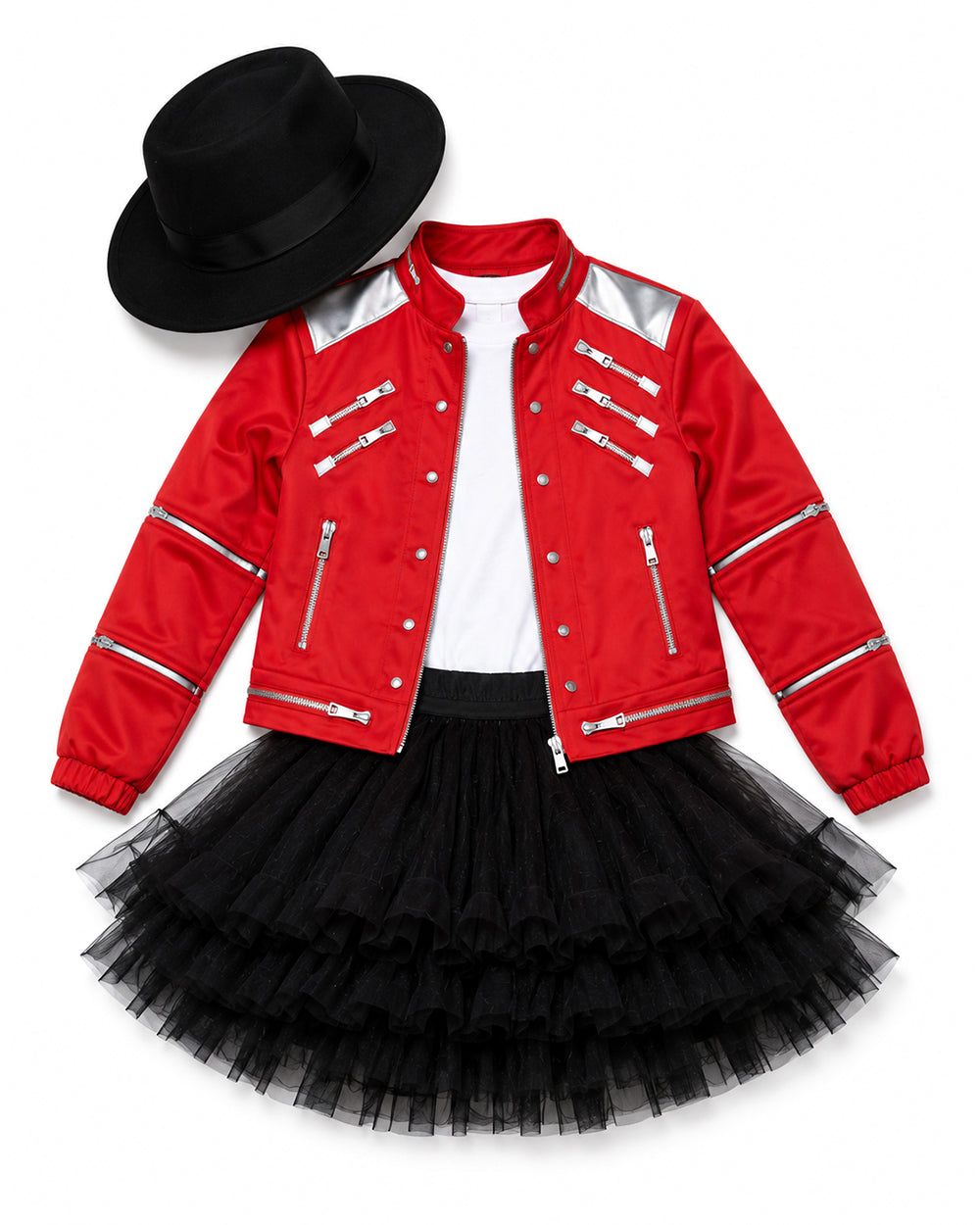 Girls King of Pop Costume Red Jacket Skirt T-shirt and Hat Full Set for Dress-up Party