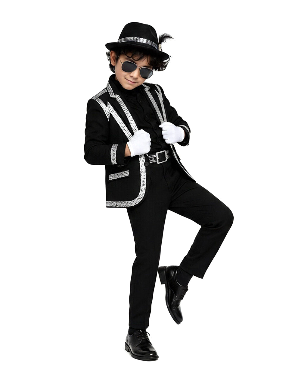 Boys Pop King Costume Black Jacket Shirt Pants and Accessories Full Set for Stage Performance