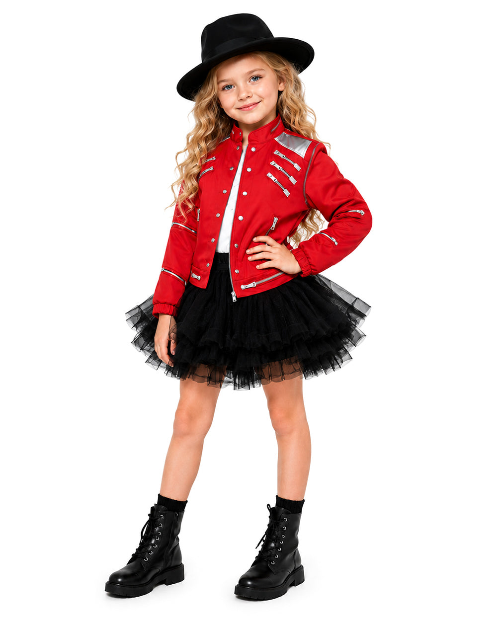 Girls King of Pop Costume Red Jacket Skirt T-shirt and Hat Full Set for Dress-up Party
