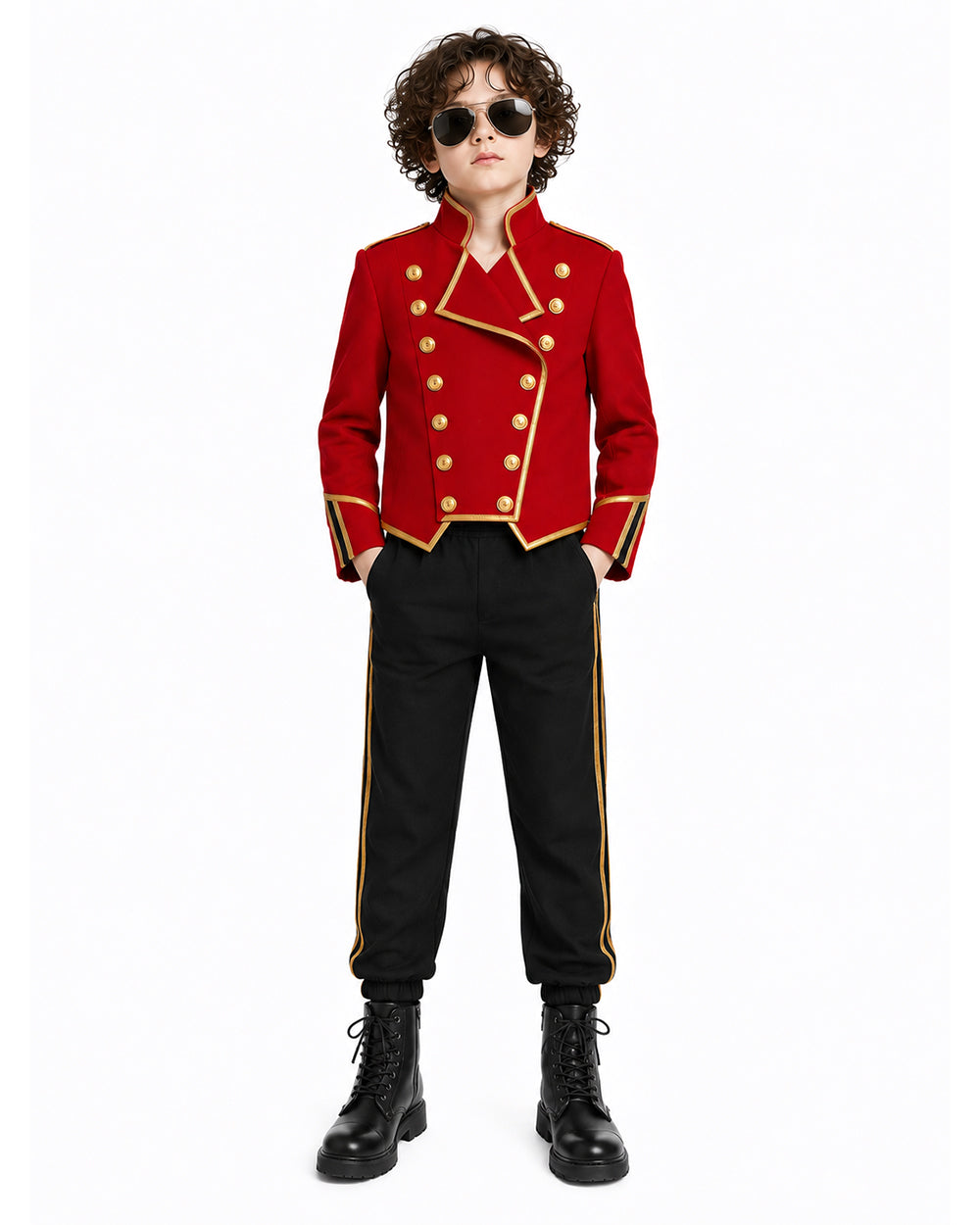 Kids Pop King Costume Red Jacket Pants and Glasses for Cosplay Events Halloween Party