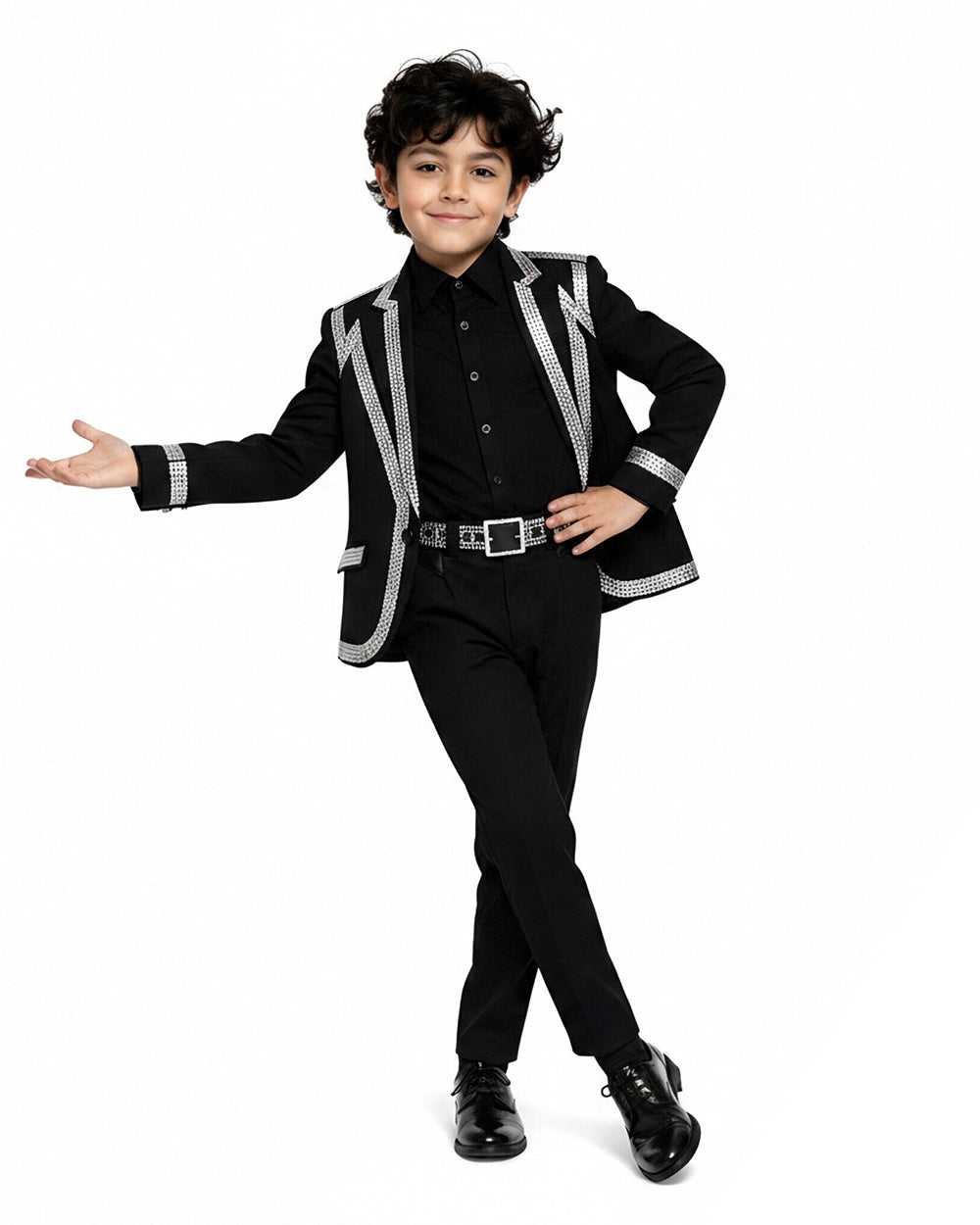 Boys Pop King Costume Black Jacket Shirt Pants and Accessories Full Set for Stage Performance