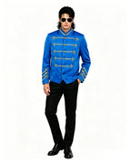 Kids Adults Retro Pop Star Jacket Blue Stand Collar Music Star 80s Stage Outfit for Cosplay