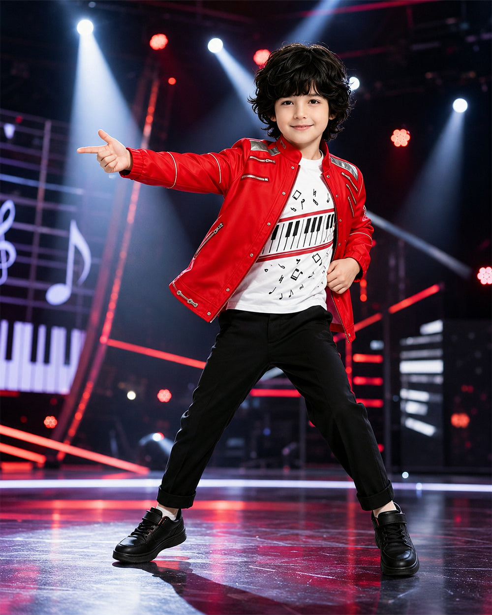 Boys Dance Star Costume Kids 80s Retro Pop Singer 3D Prints Red Jacket T-shirt Pants 3Pcs Set for Stage Performance