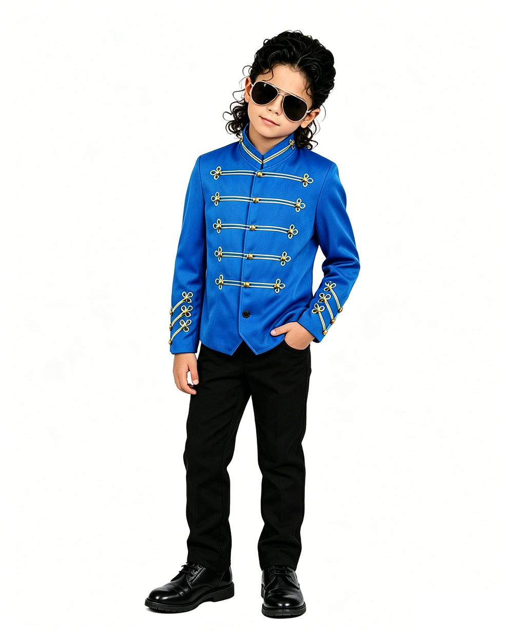 Kids Adults Retro Pop Star Jacket Blue Stand Collar Music Star 80s Stage Outfit for Cosplay
