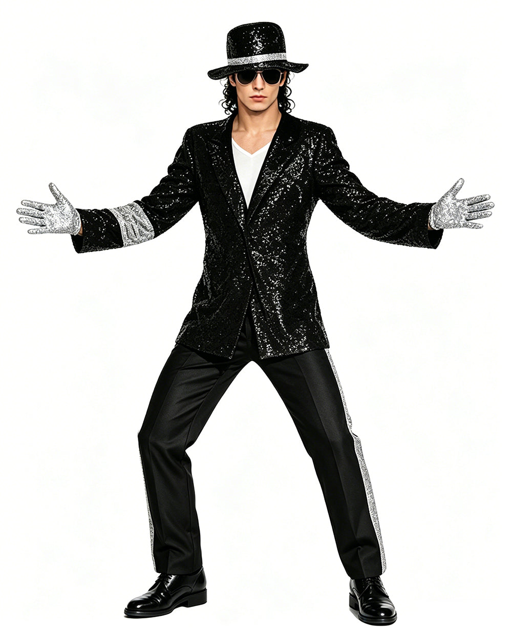 Retro 80s Costume Black Sequin Stage Outfit Music Star Jacket Pants and Hat Full Set for Cosplay