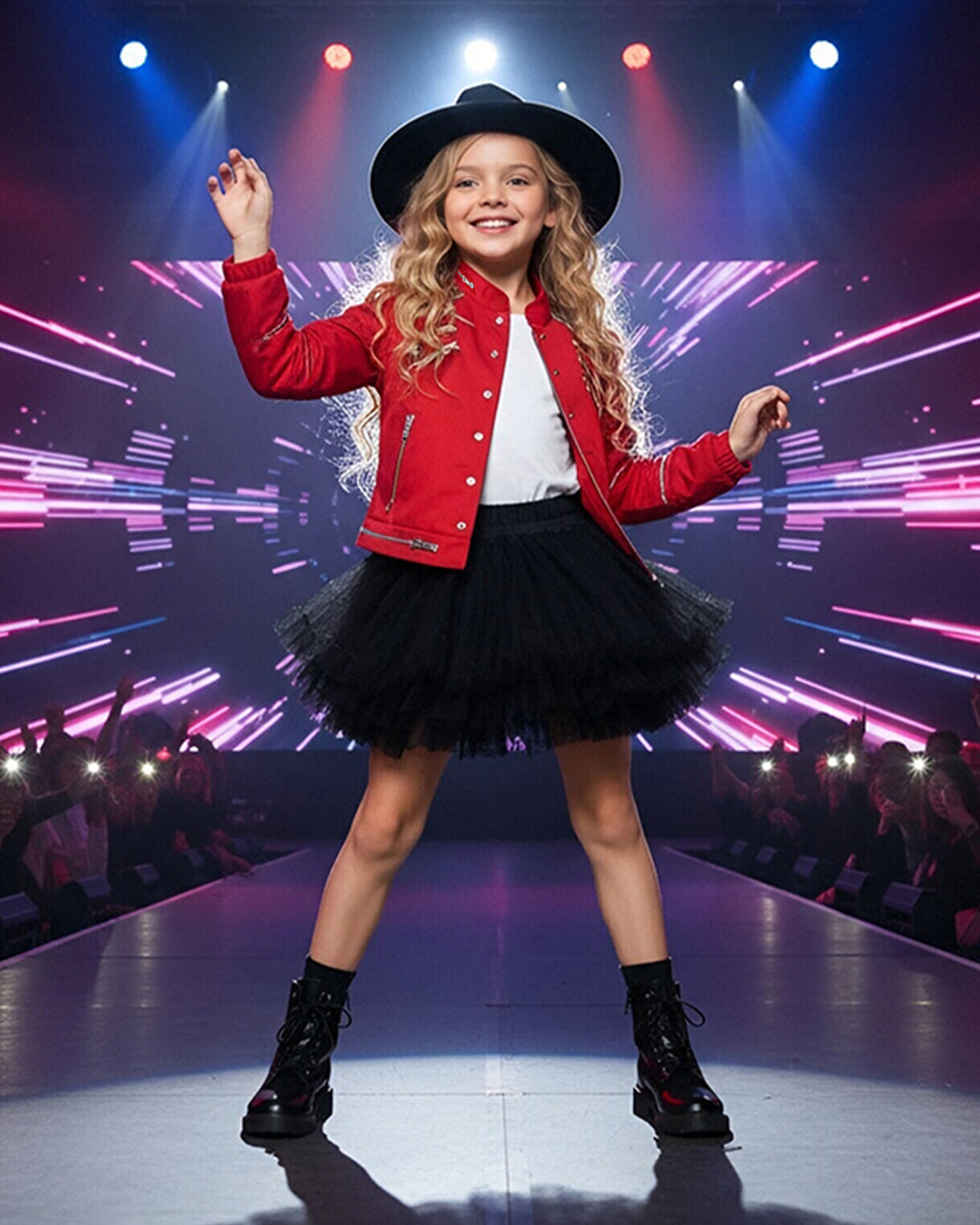 Girls King of Pop Costume Red Jacket Skirt T-shirt and Hat Full Set for Dress-up Party