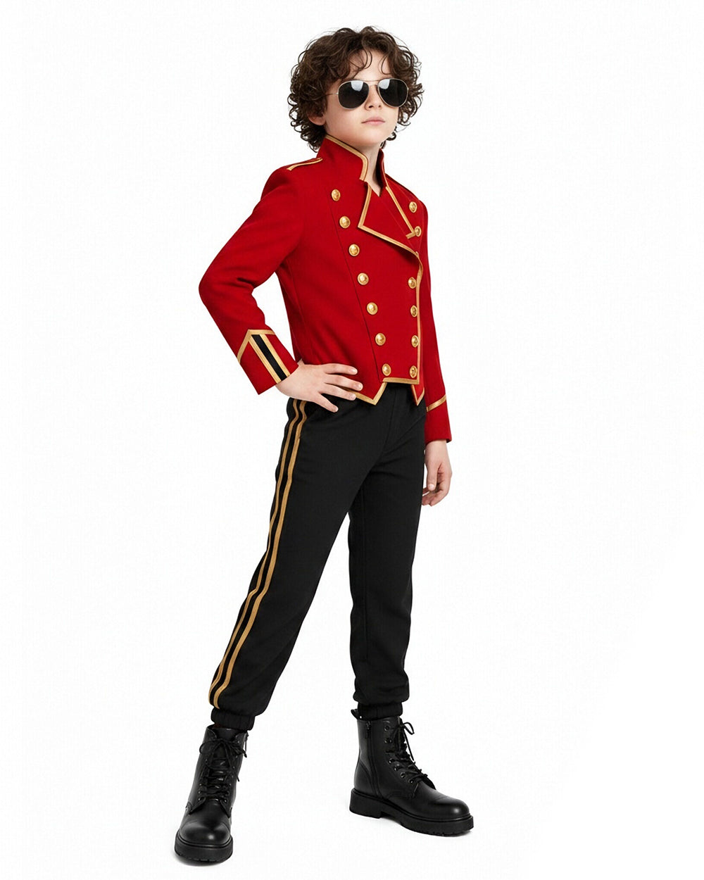 Kids Pop King Costume Red Jacket Pants and Glasses for Cosplay Events Halloween Party