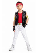 80s Retro Supervillain Costume Dancing Bad Boy Black Vest White Pants 8pcs Suit for Halloween Carnival