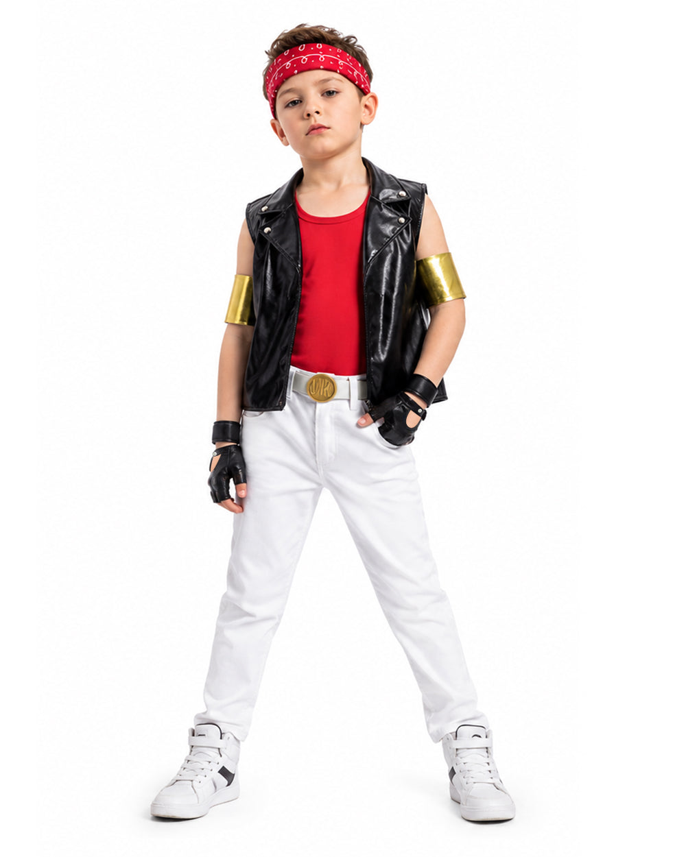 80s Retro Supervillain Costume Dancing Bad Boy Black Vest White Pants 8pcs Suit for Halloween Carnival