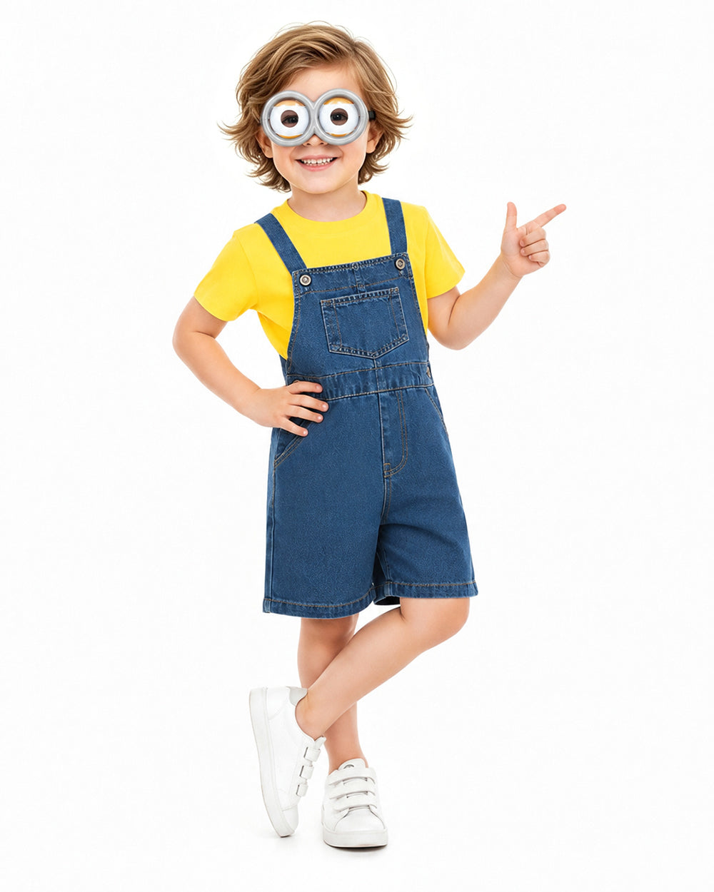 Kids Halloween Outfit Toddler Denim Overalls Yellow Shirt Goggles Wig Suit for Cosplay