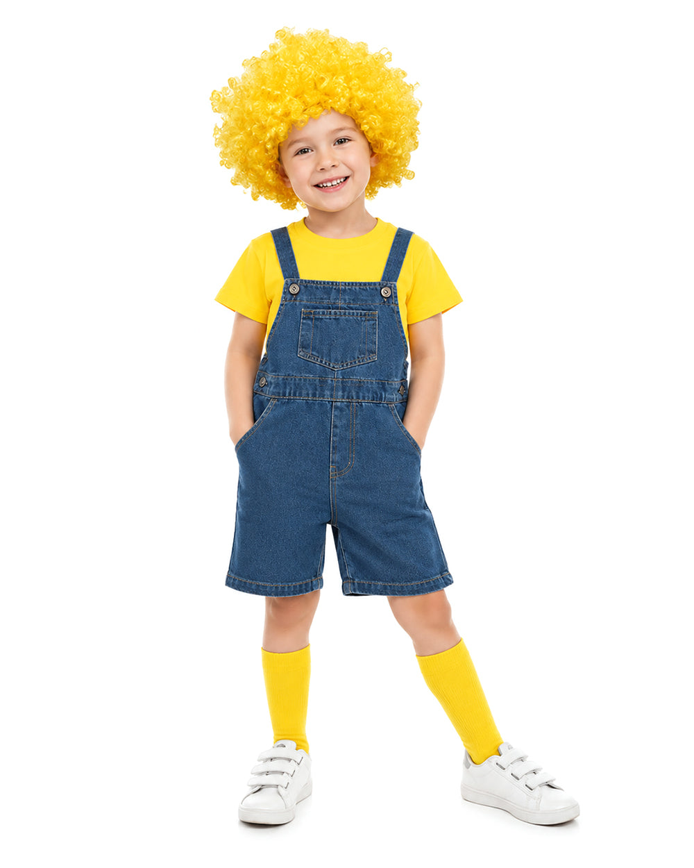 Kids Halloween Outfit Toddler Denim Overalls Yellow Shirt Goggles Wig Suit for Cosplay