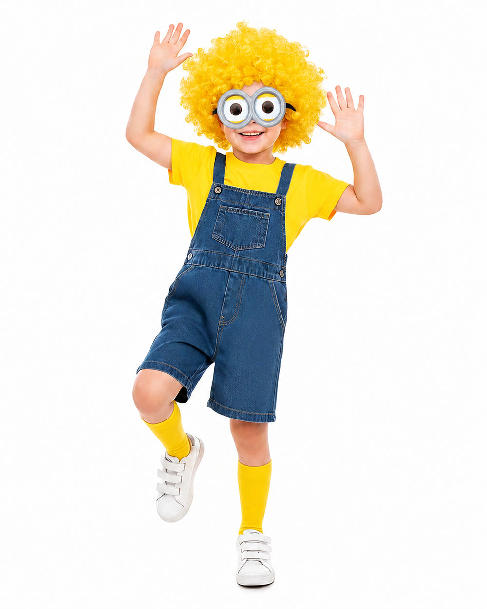 Kids Halloween Outfit Toddler Denim Overalls Yellow Shirt Goggles Wig Suit for Cosplay