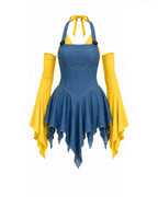 Yellow Monster Costume Hot Girl Crop Denim Dress with Flared Sleeves and Underwear for Women Theme Party Dress Up