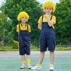 Kids Halloween Outfit Toddler Denim Overalls Yellow Shirt Goggles Wig Suit for Cosplay