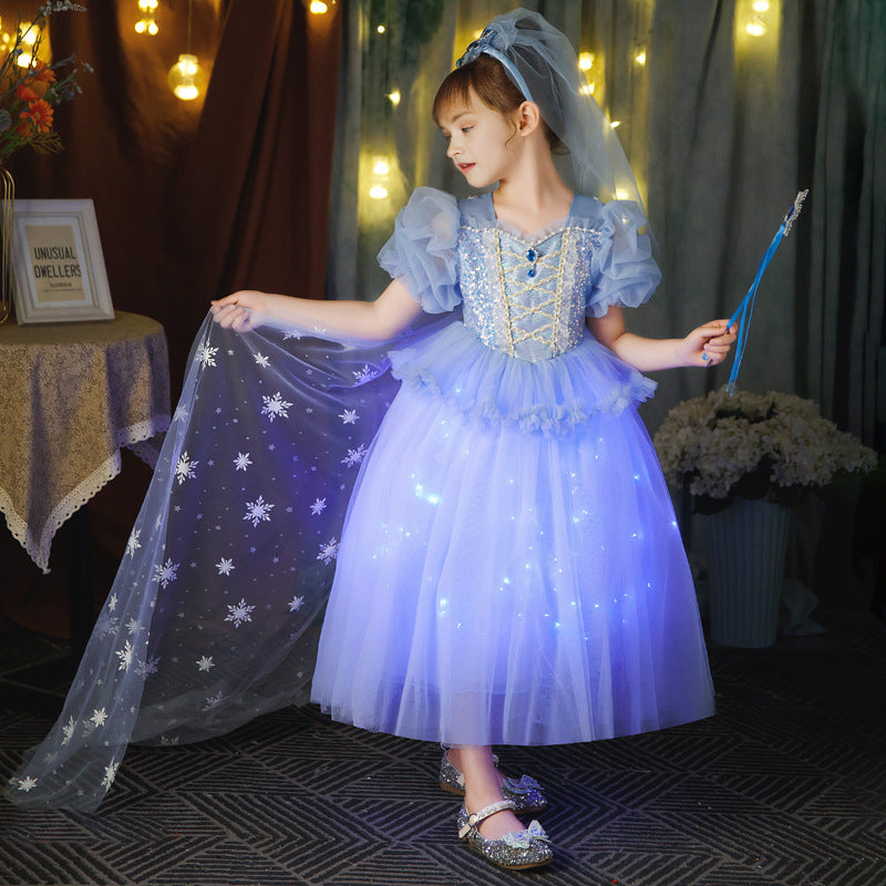 Kids Elsa Dress Light Up Princess Dress with Trailing Cape Ice Queen G – Sun Baby
