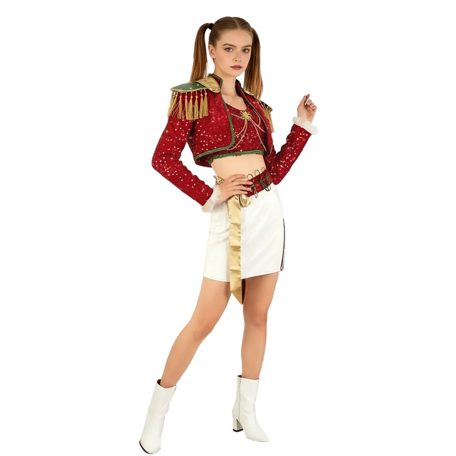 Xmas Pop Star Dress Festive Sequin Costume Tassel Crop Top Skirt Party Set