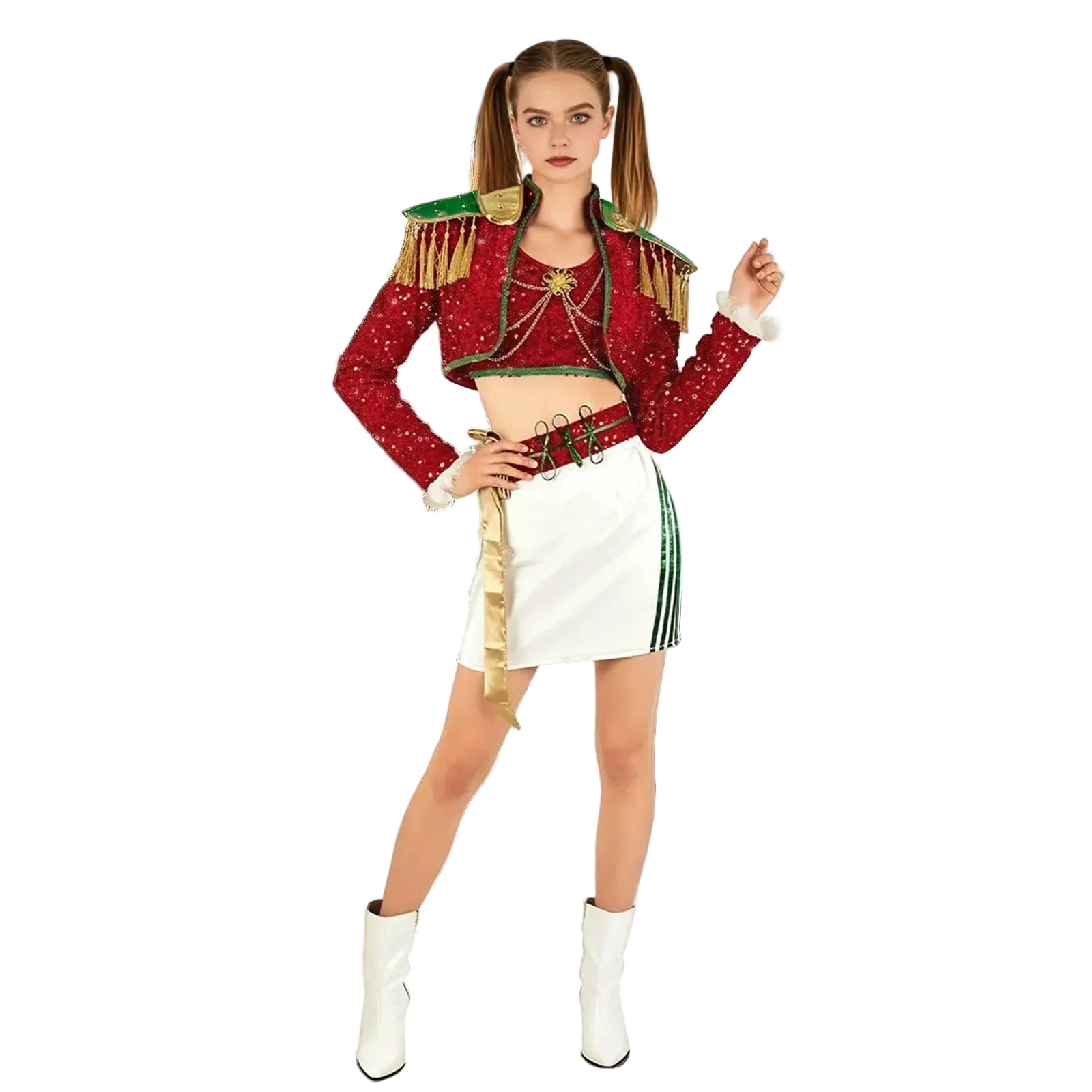 Xmas Pop Star Dress Festive Sequin Costume Tassel Crop Top Skirt Party Set