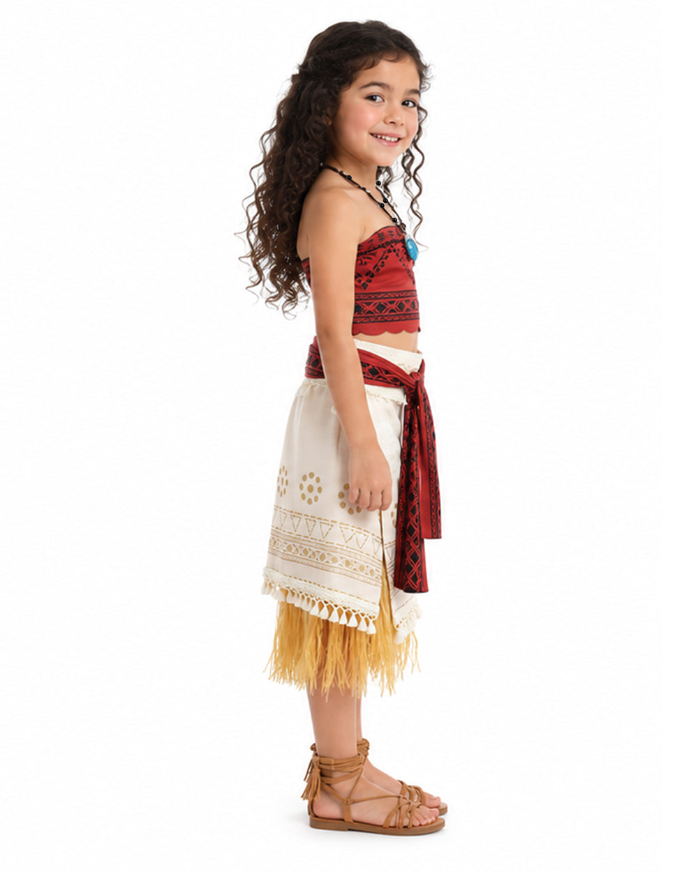 Princess Adventure Costume Curly Haired Girls Dress and Necklace Full Set for Kids Adults Halloween Party