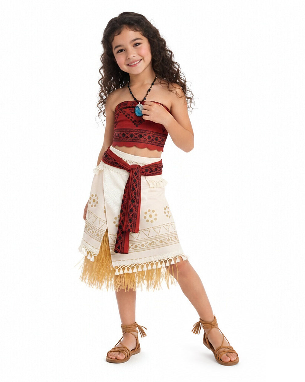 Princess Adventure Costume Curly Haired Girls Dress and Necklace Full Set for Kids Adults Halloween Party