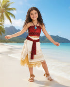 Princess Adventure Costume Curly Haired Girls Dress and Necklace Full Set for Kids Adults Halloween Party