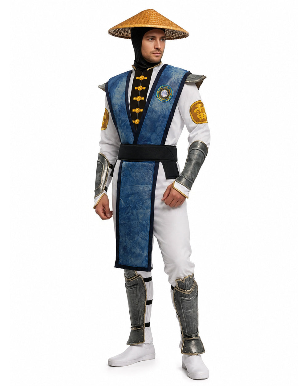 Men's Thunder God Costume Blue Warrior Suit with Iconic Bamboo Hat for Themed Gaming Events