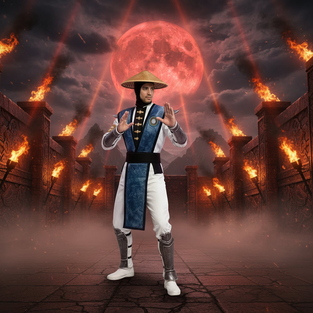 Men's Thunder God Costume Blue Warrior Suit with Iconic Bamboo Hat for Themed Gaming Events