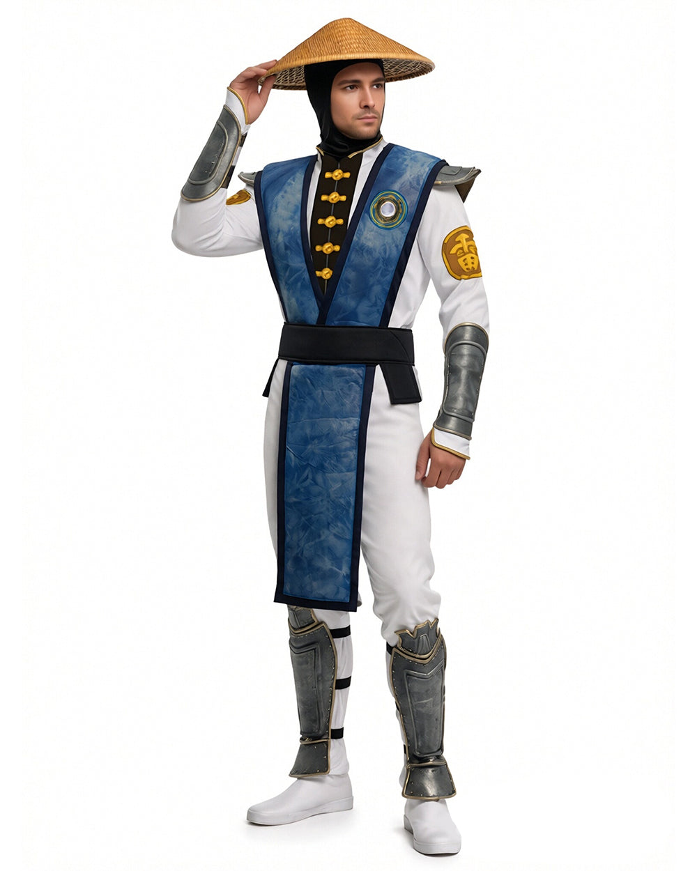 Men's Thunder God Costume Blue Warrior Suit with Iconic Bamboo Hat for Themed Gaming Events