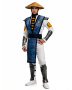 Men's Thunder God Costume Blue Warrior Suit with Iconic Bamboo Hat for Themed Gaming Events