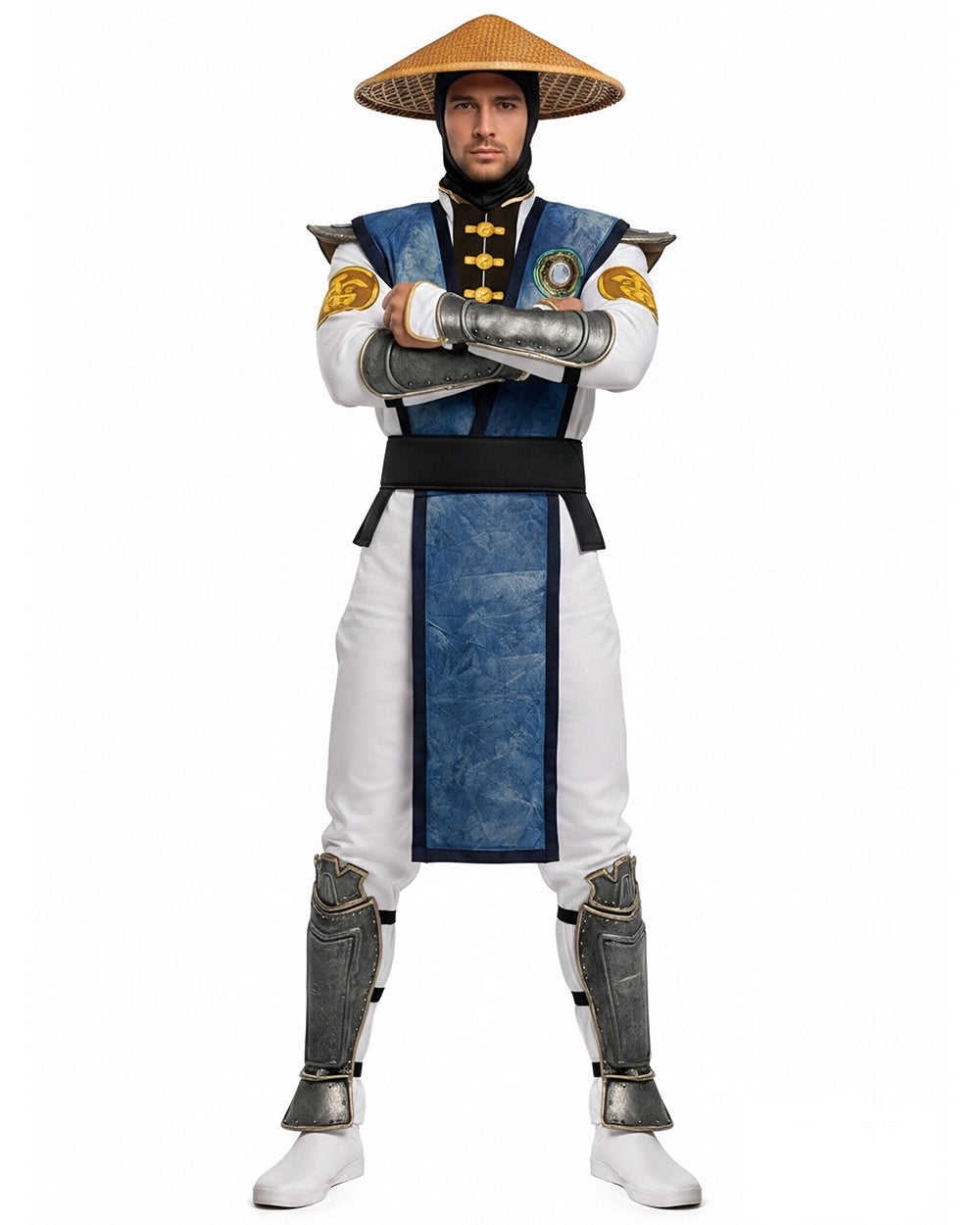 Men's Thunder God Costume Blue Warrior Suit with Iconic Bamboo Hat for Themed Gaming Events